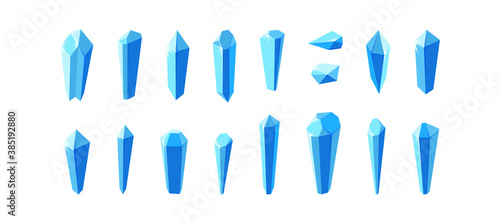 Ice crystals and minerals isolated in white background. Big set of separate crystals and their pieces. Winter landscape elemets for games and other designs. Vector illustration in cartoon style