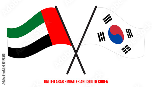 United Arab Emirates and South Korea Flags Crossed And Waving Flat Style. Official Proportion.