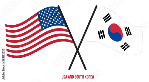 USA and South Korea Flags Crossed And Waving Flat Style. Official Proportion. Correct Colors.