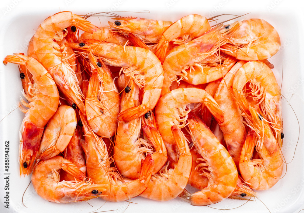 Boiled fresh prawns on white background