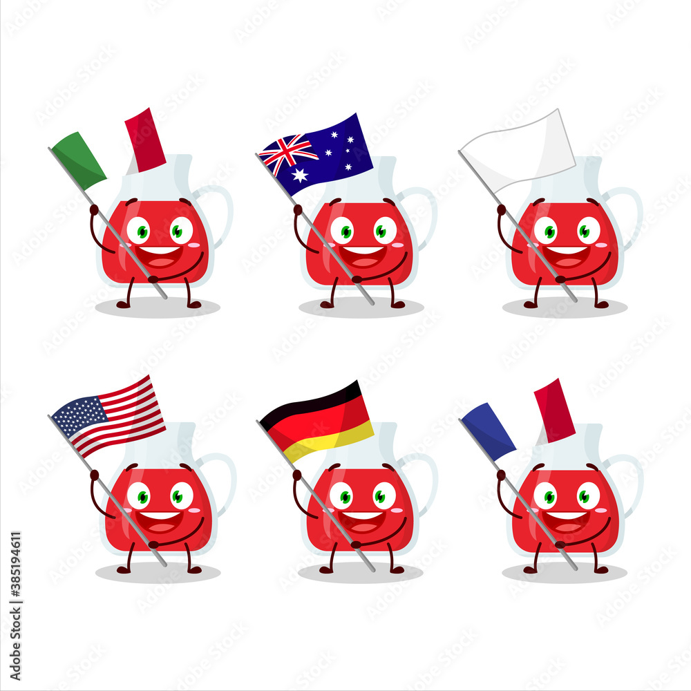 Jug of cranberry juice cartoon character bring the flags of various countries