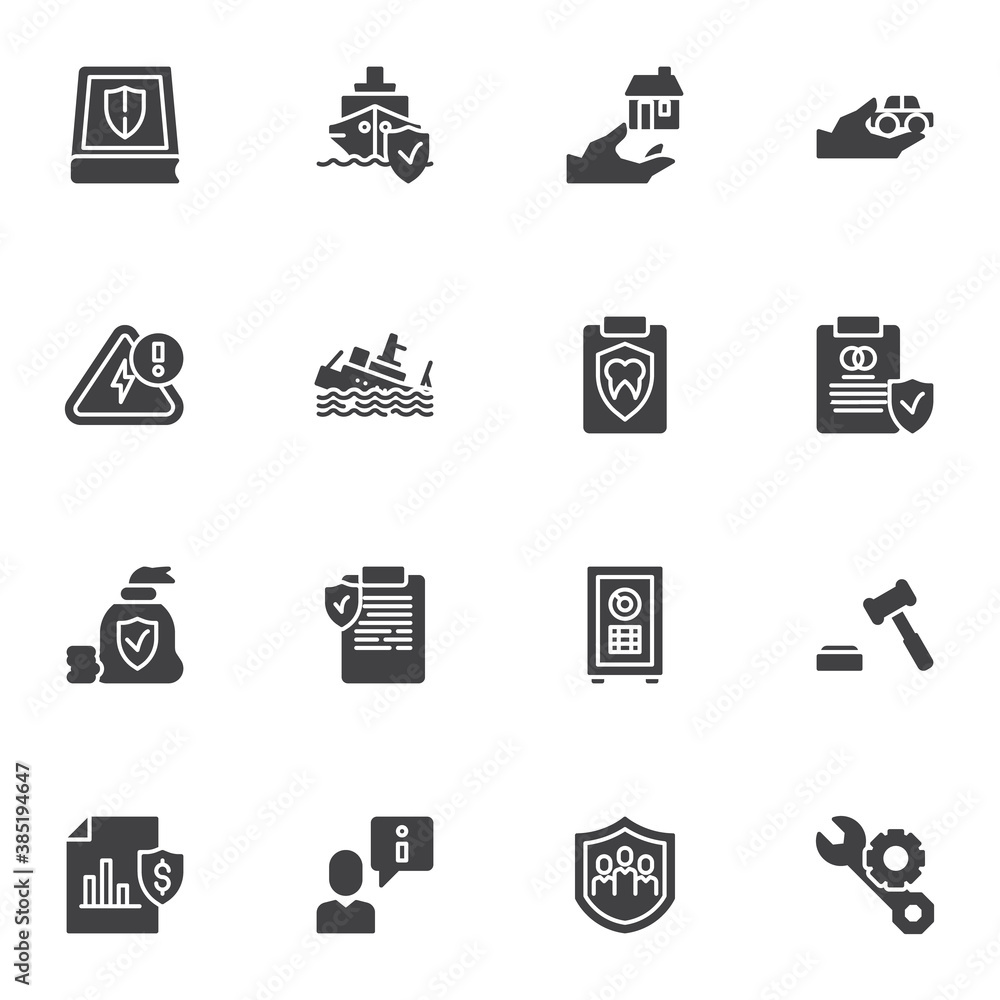 Insurance types vector icons set, modern solid symbol collection, filled style pictogram pack. Signs, logo illustration. Set includes icons as shipping, travel, money and finance, medical, wedding