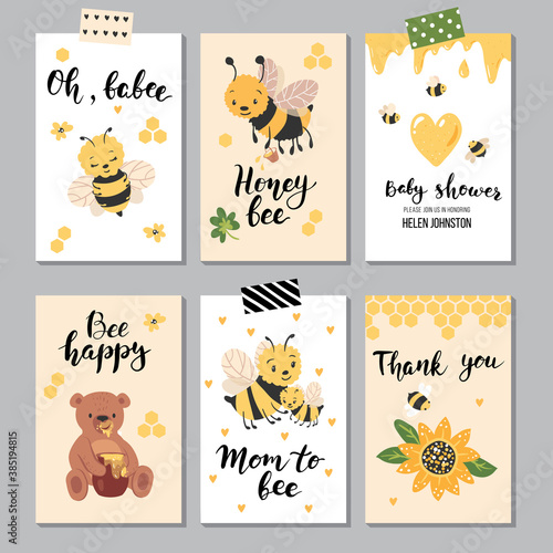 Honey bees cards,  Perfect for children's clothing, nursery prints, kids birthday and baby shower invites. Vector illustration.
