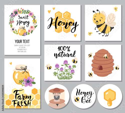 Honey bees and beekeeping cards. Perfect for tag, sticker kit, label design. Vector illustration.