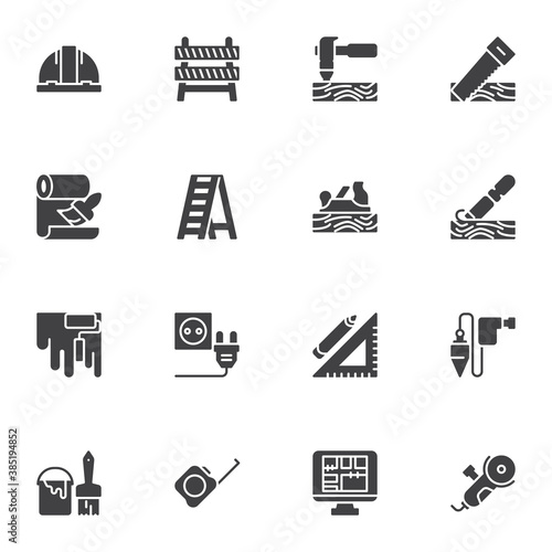 Construction and repair tool vector icons set, modern solid symbol collection, filled style pictogram pack. Signs, logo illustration. Set includes icons as safety hard hat, hammer, ladder, hand saw