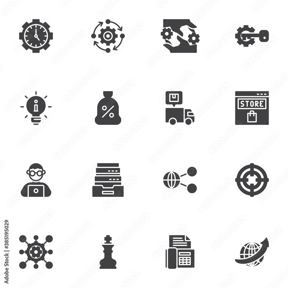 SEO vector icons set, modern solid symbol collection, filled style pictogram pack. Signs, logo illustration. Set includes icons as time management, information, link share, online store, setting gears SEO vector icons set, modern solid symbol collection, filled style pictogram pack. Signs, logo illustration. Set includes icons as time management, information, link share, online store, setting gears