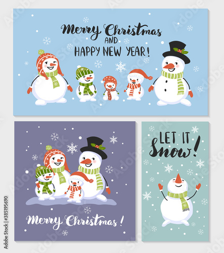 Happy snowmen family, Merry Christmas and Happy New Year greeting cards, winter hand drawn illustration.