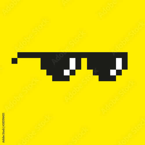 Icon of pixel sunglasses from the sun. Simple vector linear illustration on a yellow background
