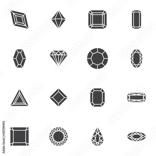 Precious stone vector icons set, modern solid symbol collection, filled style pictogram pack. Signs, logo illustration. Set includes icons as gemstone shapes, square, triangle, circle, oval