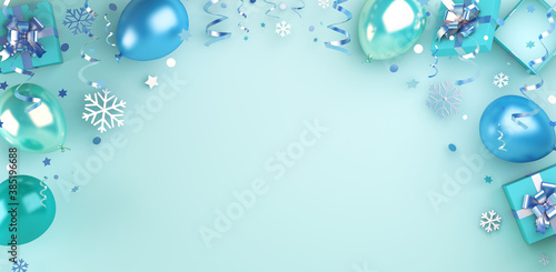 Winter background, Happy new year decoration with blue balloon, snowflakes, gift box, confetti, copy space text, banner, template, 3D rendering illustration.