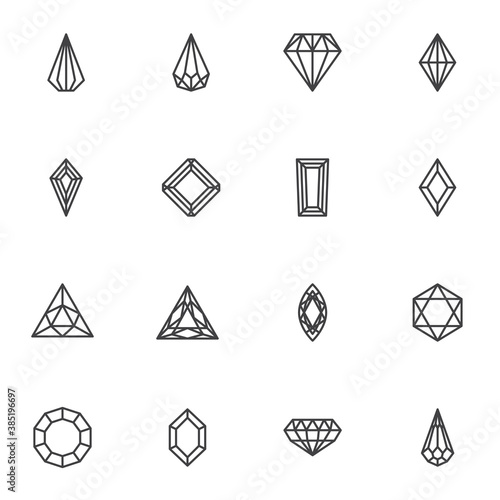Diamonds line icons set, outline vector symbol collection, linear style pictogram pack. Signs, logo illustration. Set includes icons as gemstone, precious stone, crystal, brilliant