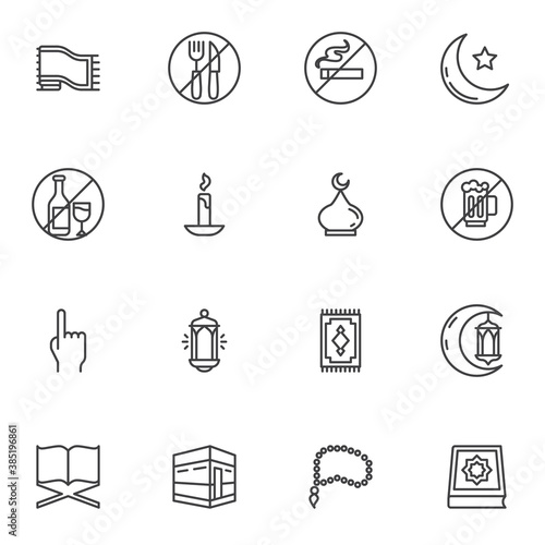 Ramadan Kareem line icons set, outline vector symbol collection, linear style pictogram pack. Signs, logo illustration. Set includes icons as islamic religion, muslim mosque, koran book, lantern