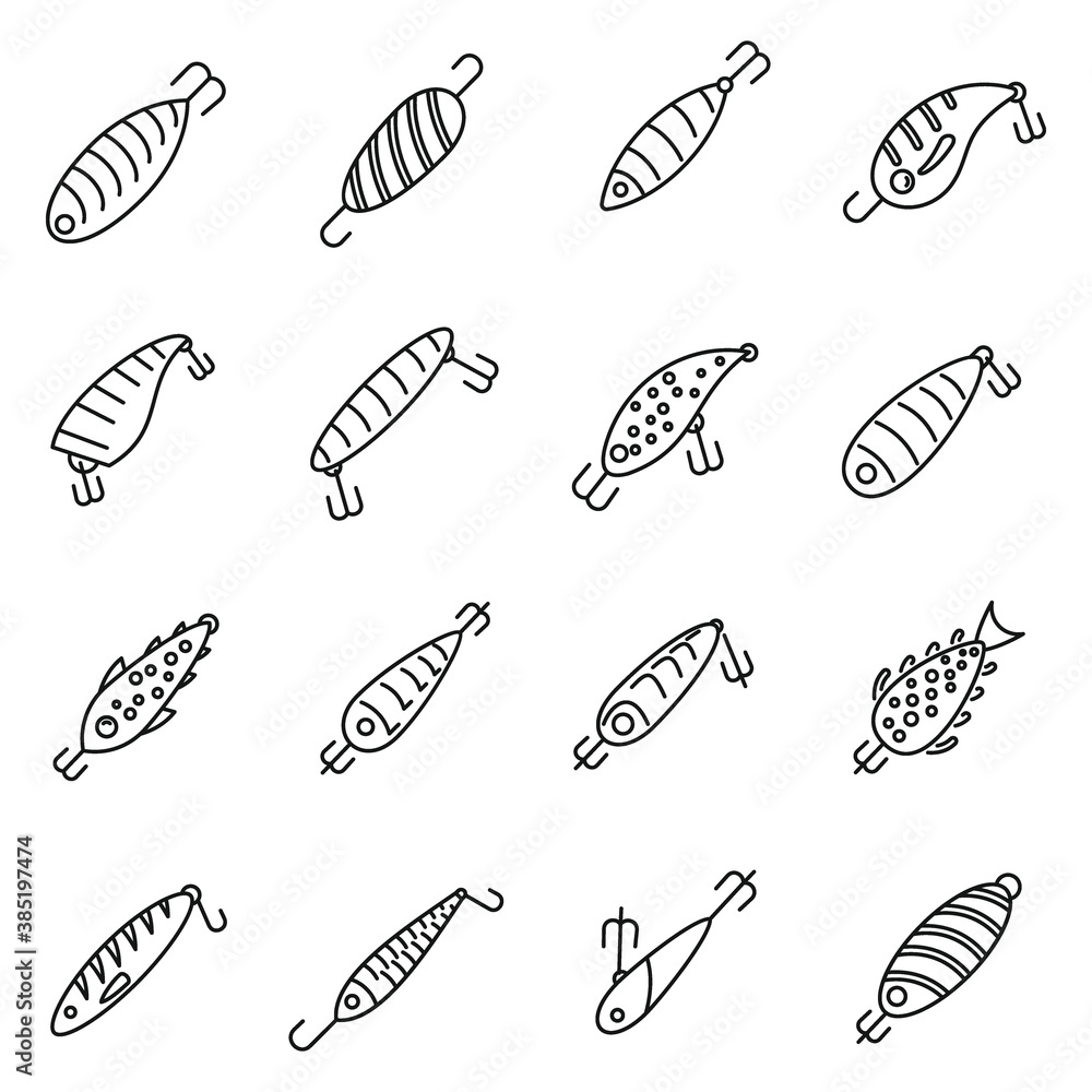 Hobby fish bait icons set. Outline set of hobby fish bait vector icons for web design isolated on white background Hobby fish bait icons set. Outline set of hobby fish bait vector icons for web design isolated on white background