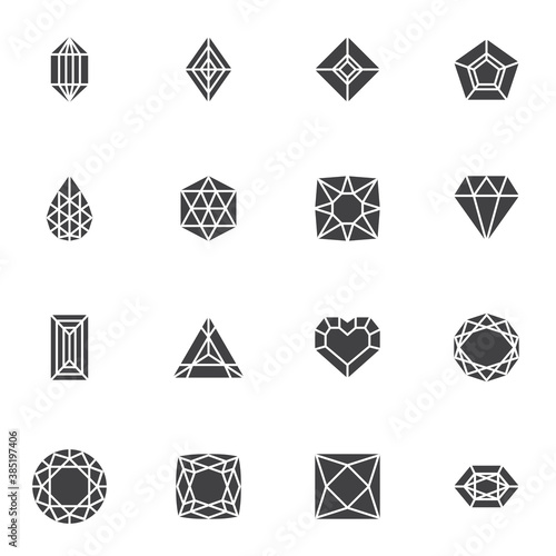 Diamond and precious stones vector icons set, modern solid symbol collection, filled style pictogram pack. Signs, logo illustration. Set includes icons as heart shape gemstone, round gem, emerald