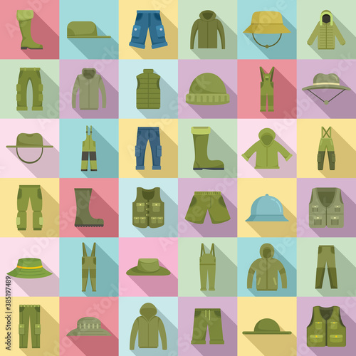Fisherman clothes icons set. Flat set of fisherman clothes vector icons for web design