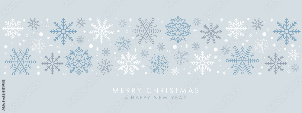 Merry Christmas and Happy New Year festive design with border made of beautiful snoflakes in modern line art style. Winter blue background with falling snow. Xmas decoration. Vector illustration. Merry Christmas and Happy New Year festive design with border made of beautiful snoflakes in modern line art style. Winter blue background with falling snow. Xmas decoration. Vector illustration.