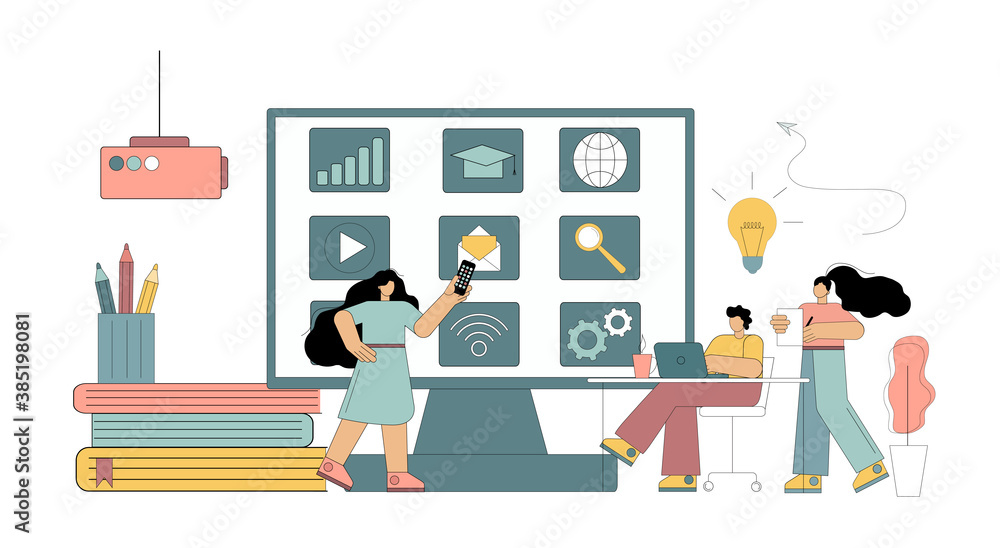 Concept Digital classroom, virtual learning, online learning. Flat people study, conduct a seminar, conference using modern technologies. Vector isolated illustration