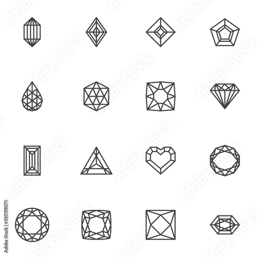 Diamond and precious stones line icons set, outline vector symbol collection, linear style pictogram pack. Signs, logo illustration. Set includes icons as heart shape gemstone, round gem, emerald