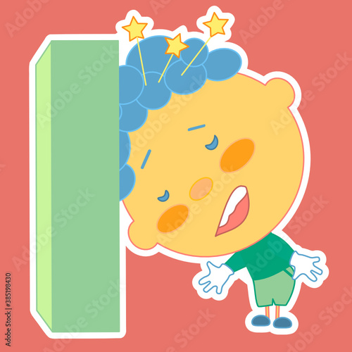 boy that is banging his head against the wall, simple colored emoticon, vector emoji in color, funny cartoon character