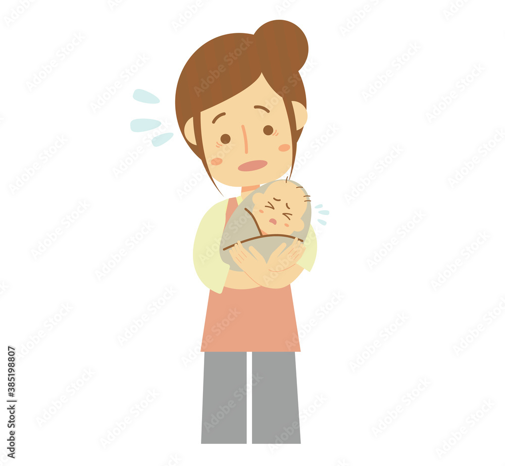 泣いている赤ちゃんを抱く母親のイラスト
