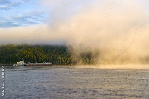 Foggy morning on the Amur river. Khabarovsk Krai, far East, Russia.