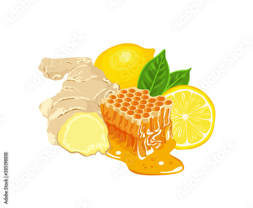 Honey, lemon and ginger isolated on white background. Vector illustration of healthy foods in cartoon flat style.