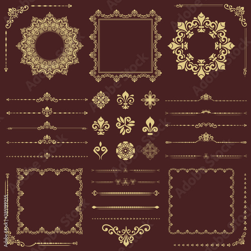 Vintage set of vector horizontal, square and round elements. Golden elements for backgrounds, frames and monograms. Classic patterns. Set of vintage golden patterns