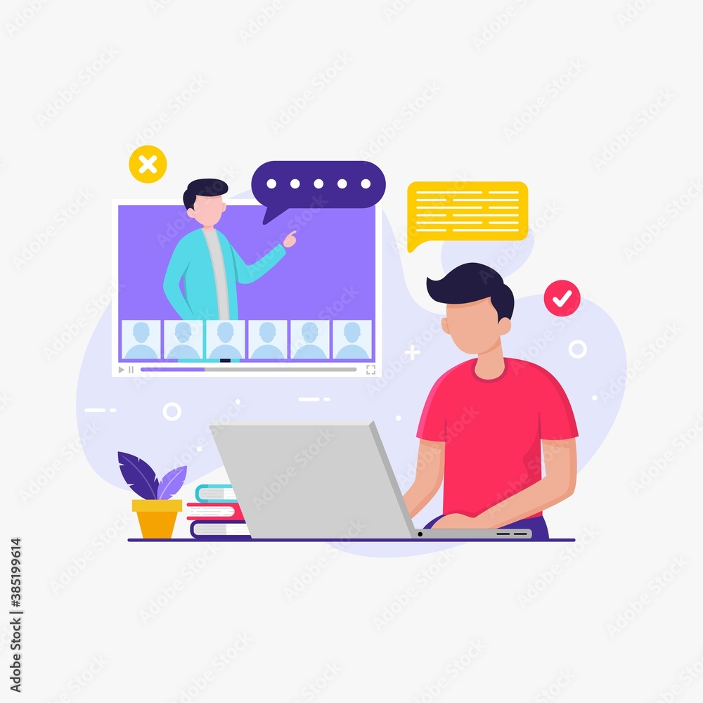 Student studying with laptop for online school education, e-learning design concept vector illustration.