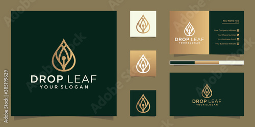 Beauty drop leaf luxury logo oil with leaf concept. logo design and business card