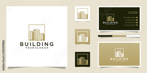 Golden building logo line art style design inspiration and business card