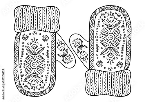 Vector christmas coloring page for adults. Knitted mittens on white background. Elements for Christmas templates, cards and invitation