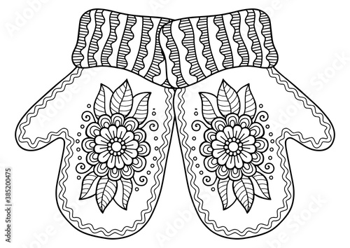 Vector christmas coloring page for adults. Knitted mittens on white background. Elements for Christmas templates, cards and invitation