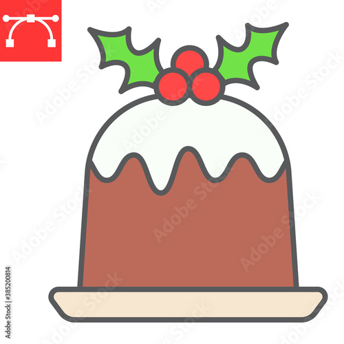 Christmas pudding color line icon, merry christmas and dessert, holly berries sign vector graphics, editable stroke filled outline icon, eps 10.