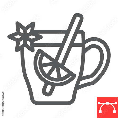Mulled wine line icon, merry christmas and invitation, glass of mulled wine sign vector graphics, editable stroke linear icon, eps 10.