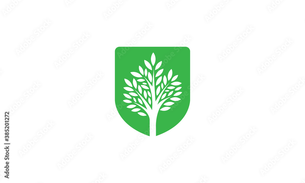 Naklejka premium Creative Vector Illustration Logo Design. Shield Protection Growth Tree Leaf Leaves Concept. Go Green