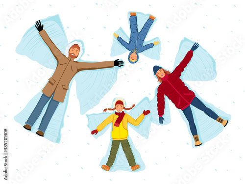 Family making snow angels. Parents and children isolated vector illustration.