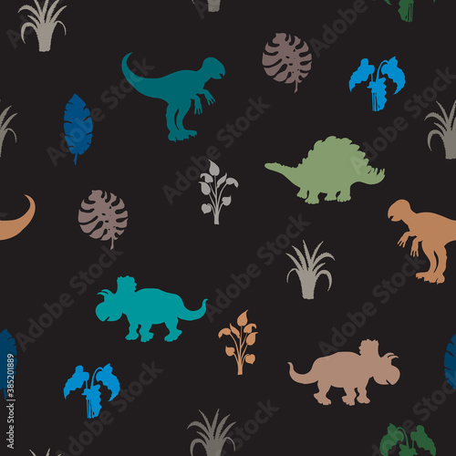 Children's texture. Pattern with dragons and tropical leaves. Pattern with dragons and tropical leaves.