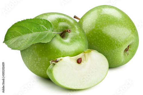 Two whole green apples and slice with leaves. Ripe apples on a white background. Apple with clipping path. Full depth of field