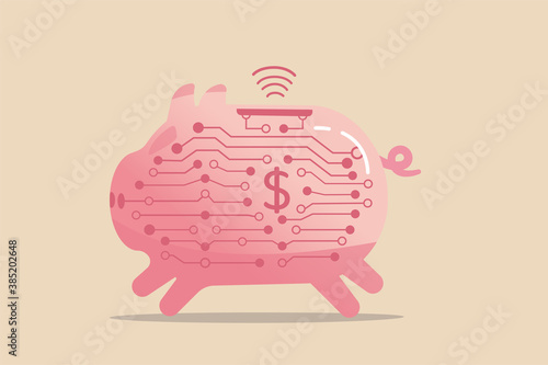 Digital banking, using technology and internet for e-commerce shopping, transfer money or digital currency exchange concept, pink piggy bank with electronics sign of circuit board with wifi signal.