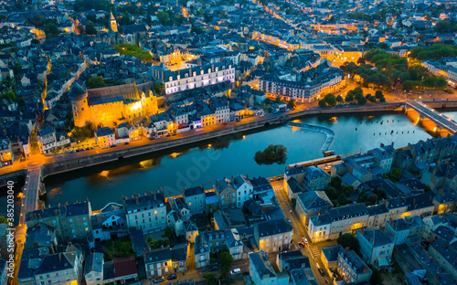 Laval city and Mayenne river in the evening. View from above. France photo