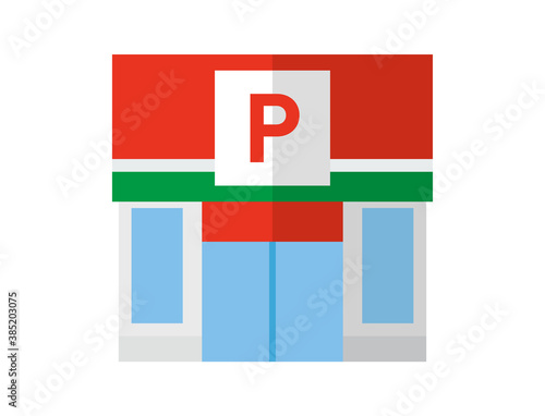 正方形で作られたフラットデザインカラーのコンビニエンスストアのアイコンまたはピクトグラム