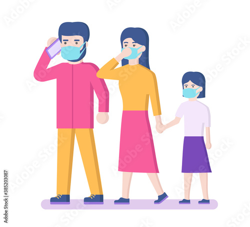 Sad people in protective face masks. Smog pollution, contaminated air, virus. Vector illustration.