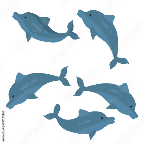 set of dark blue dolphins, cartoon illustration, isolated object on white background, vector,