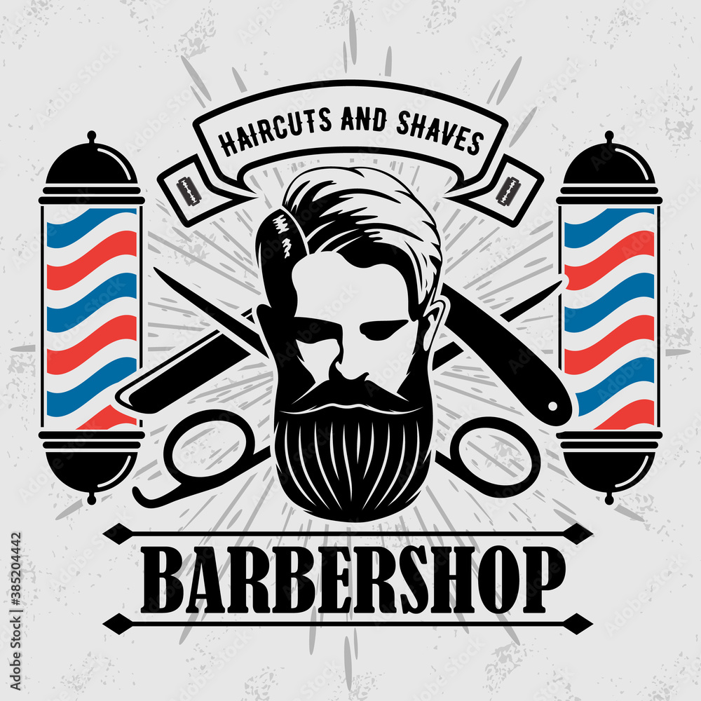 Naklejka premium Barbershop logo, poster or banner design concept with barber pole and bearded men. Vector illustration