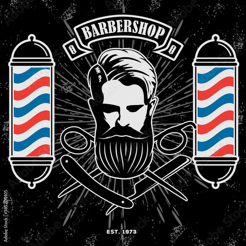 Barbershop logo, poster or banner design concept with barber pole and bearded men. Vector illustration