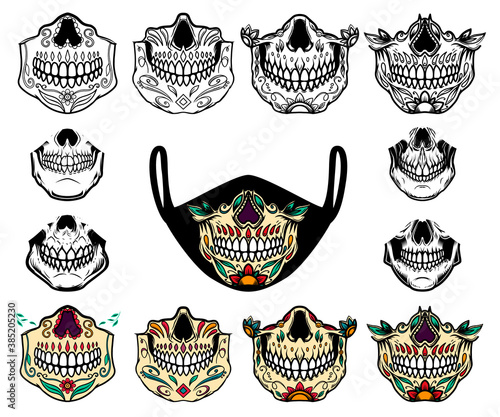 Set of illustrations of human jaw bone from mexican sugar skulls. For printing on face guard medical masks. Vector illustration