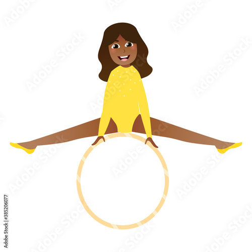 Cute african girl practicing handstand on hoop, little flexible gymnast doing strentching exercises, rhytmic pose for posters in cartoon style on white background