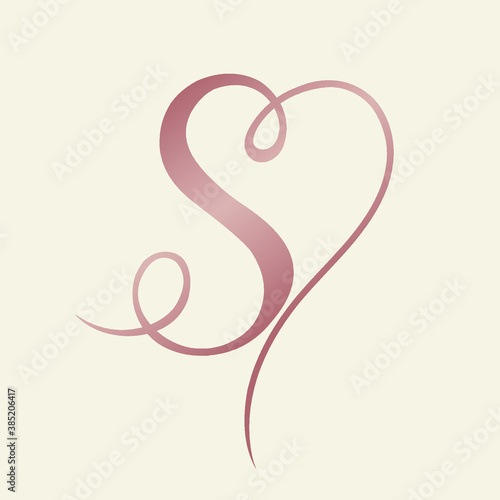 Letter S logo with line-art heart shape.Elegant, feminine calligraphic sign.Lettering icon with uppercase initial in copper metallic color isolated on light background.Boutique, wedding style.