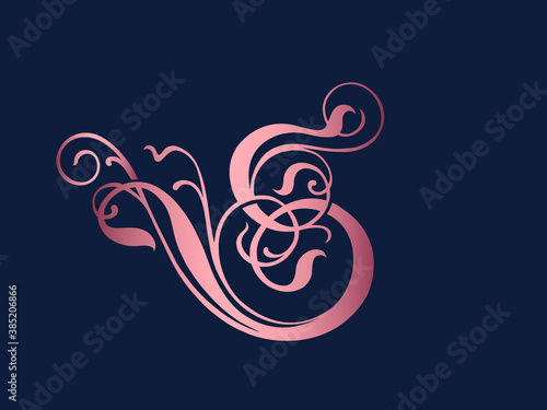Letter S logo with decorative swirl leaf elements.Ornamental calligraphy lettering sign.Rose gold alphabet initial icon isolated on dark background.Elegant,organic,luxury,beauty style character shape.