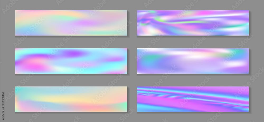 Fototapeta premium Neon holo hipster banner horizontal fluid gradient princess backgrounds vector set. Iridescent 